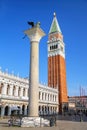 View of Piazzetta San Marco with St Mark`s Campanile, Lion of Venice statue and Biblioteca in Venice, Italy