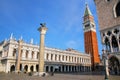 View of Piazzetta San Marco with St Mark`s Campanile, Lion of Venice statue, Biblioteca and Palazzo Ducale in Venice, Italy