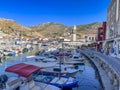 View from the picturesque port of Hydra island. The harbor or port as it`s also called, is the main focal point of Hydra located Royalty Free Stock Photo