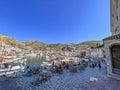 View from the picturesque port of Hydra island. The harbor or port as it`s also called, is the main focal point of Hydra located Royalty Free Stock Photo