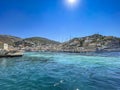 View from the picturesque port of Hydra island. The harbor or port as it`s also called, is the main focal point of Hydra located Royalty Free Stock Photo