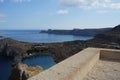 View of the picturesque St. Paul\'s Bay from Acropolis of Lindos. Rhodes Island, Greece Royalty Free Stock Photo