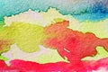 VIRIDIAN AND PINK WATER COLOR WITH YELLOW ON WHITE TEXTURED PAPER