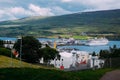 View of the pier in the city of Akureyri in the north of Iceland and large cruise liners