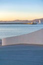 View of a pier with sailboat on the side during sunset at Fisherman`s Wharf in San Francisco, CA Royalty Free Stock Photo