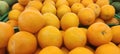 View of pile of oranges being sold in market place, top view of sunkist oranges, yellow round fruits, fresh fruit background Royalty Free Stock Photo