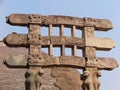 View of pillars & restored front architraves at the Southern Gateway, Great Stupa, Sanchi Buddhist complex, Madhya Pradesh, India