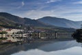 View of the Pinhao village with terraced vineyards and the Douro River, in Portugal Royalty Free Stock Photo