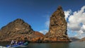 The view of pinnacle rock and a zodiac at isla bartolome in the galapagos