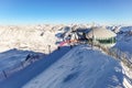 View from Pitztal glacier into the high alpine mountain landscape with cable car station and ski slope in winter with lots of snow Royalty Free Stock Photo