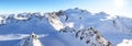 View from Pitztal glacier into the high alpine mountain landscape with Wildspitze summit in winter with lots of snow and ice,