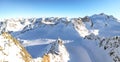 View from Pitztal glacier into the high alpine mountain landscape with Wildspitze summit in winter with lots of snow and ice,