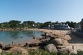 View of the Plage Saint-Guirec on the red granite coast of Brittany