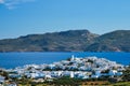 View of Plaka village with traditional Greek church. Milos island, Greece Royalty Free Stock Photo