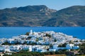 View of Plaka village with traditional Greek church. Milos island, Greece Royalty Free Stock Photo