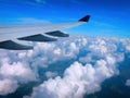 View through a plane window flying high above the clouds