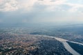 View from the plane window of the Margit-sziget island on the Danube in Budapest, Hungary