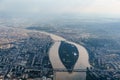 View from the plane window of the Margit-sziget island on the Danube in Budapest.