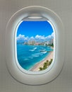View from Plane Window of Waikiki Beach Honolulu Hawaii USA America Royalty Free Stock Photo