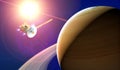 View of the planet Saturn with rings. Cassini probe in exploration around the planet. Solar system