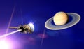 View of the planet Saturn with rings. Cassini probe in exploration around the planet. Solar system Royalty Free Stock Photo