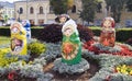 View of plants, flowers and figures in the city park in historical city center of Yaroslavl, Russia.