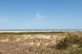 View on plants and the white sand of the beach and the northern sea at the horizon under a blue sky on the northern sea island bor