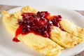 crepes plate with cherry syrup