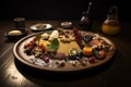 view of plate with a variety of different foods items, each presented in its own unique way