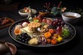 view of plate with a variety of different foods items, each presented in its own unique way