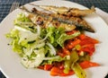 View of plated food, healthy fish meal, typical dish of Portuguese regional cuisine with grilled sardines with salad: red peppers