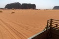 View from the platform of an off-road vehicle to the ripple marks in the desert sand of Wadi Rum, Jordan Royalty Free Stock Photo