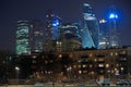 View of Platovskaya street and Moscow International Business Center MIBC, also known as Moscow-City, in evening, Moscow, Russi