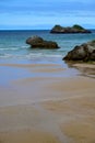 View on Playa de Palombina Las Camaras in Celorio, Green coast of Asturias, North Spain with sandy beaches, cliffs, hidden caves,