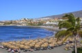 View of Playa de Torviscas beach with black volcanic sand on the south of Tenerife,Canary Islands,Spain. Royalty Free Stock Photo