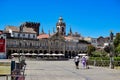 View from the Plaza de la Republica in the center of the city to its historic buildings and the Castillo de Braga.