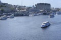 View of pleasure boats moored to pier of the river port. Dnieper river, Kiev, Ukraine