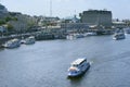 View of pleasure boats moored to the pier of the river port. Dnipro river, Kyiv, Ukraine Royalty Free Stock Photo