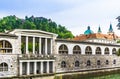 View on Plecnik Arcades at the Ljubljanica River - Slovenia Royalty Free Stock Photo