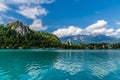 A view from a Pletna boat looking back at the castle, church and mountains in Slovenia Royalty Free Stock Photo