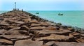 The view point of the karaikal beach with stone way. Royalty Free Stock Photo