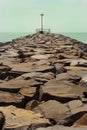 The view point of karaikal beach with stone way. Royalty Free Stock Photo