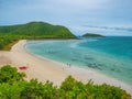 View point on top of the island with idyllice beach ocean and blue sky in vacation time