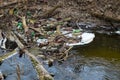 View of the polluted small forest river with a lot of different plastic garbage. Environment pollution problem Royalty Free Stock Photo