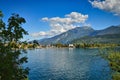 view from Ponaleto Riva del Garda, garda lake with Monte Brione, beach and shore, Italy Royalty Free Stock Photo