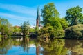 View of the pond and St. Lamberti Church of Oldenburg, Germany Royalty Free Stock Photo