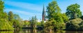 View of the pond and St. Lamberti Church of Oldenburg, Germany Royalty Free Stock Photo