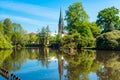 View of the pond and St. Lamberti Church of Oldenburg, Germany Royalty Free Stock Photo