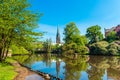 View of the pond and St. Lamberti Church of Oldenburg, Germany Royalty Free Stock Photo