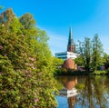 View of the pond and St. Lamberti Church of Oldenburg, Germany Royalty Free Stock Photo